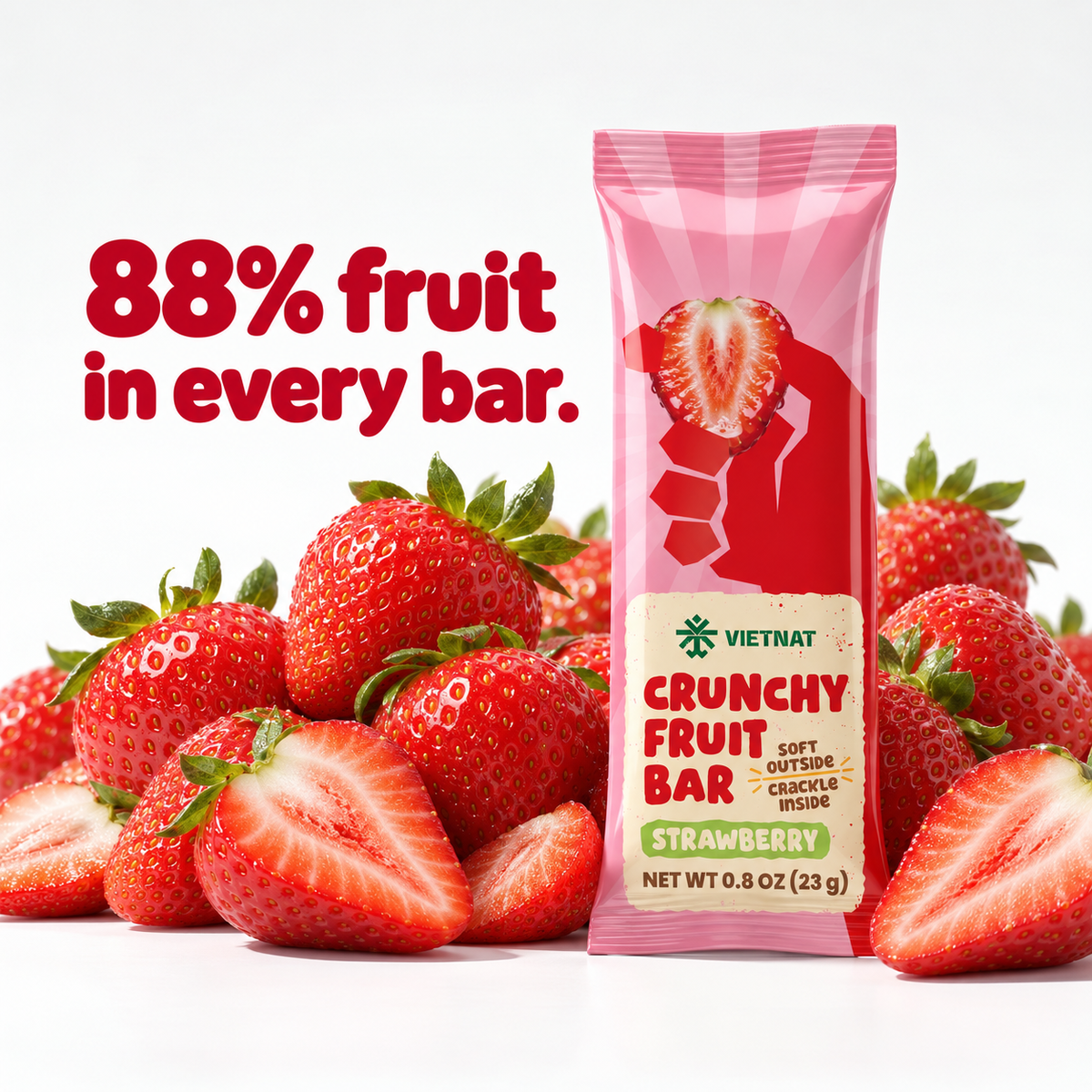 Crunchy Fruit Bar Strawberry — wrapped bar beside fresh fruit, 88% fruit in every bar