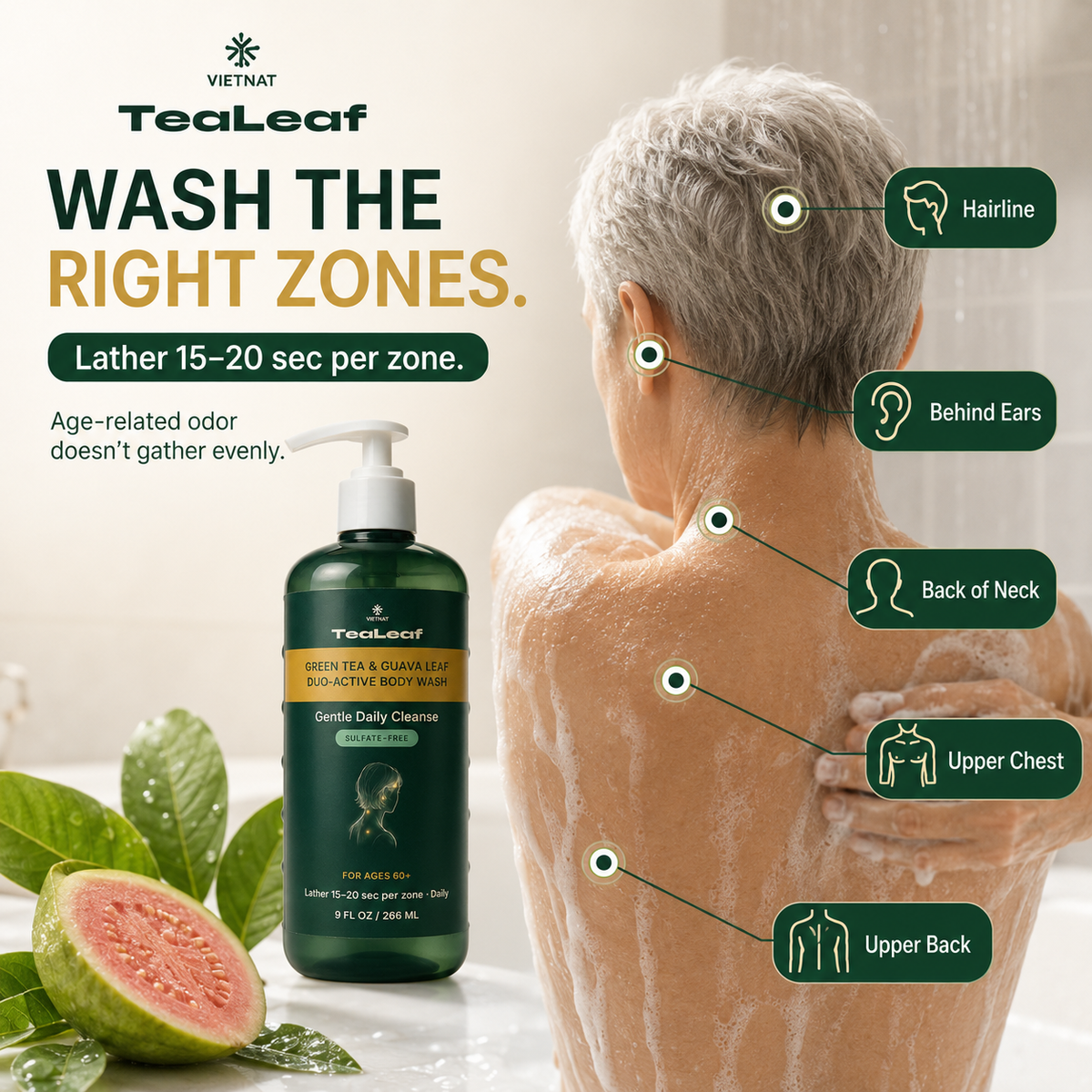 VIETNAT TeaLeaf Body Wash with GREEN TEA & GUAVA LEAF - DUO-ACTIVE | for Ages 60+,  9 FL OZ / 266 ML