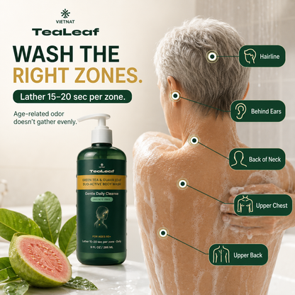 VIETNAT TeaLeaf Body Wash with GREEN TEA & GUAVA LEAF - DUO-ACTIVE | for Ages 60+,  9 FL OZ / 266 ML