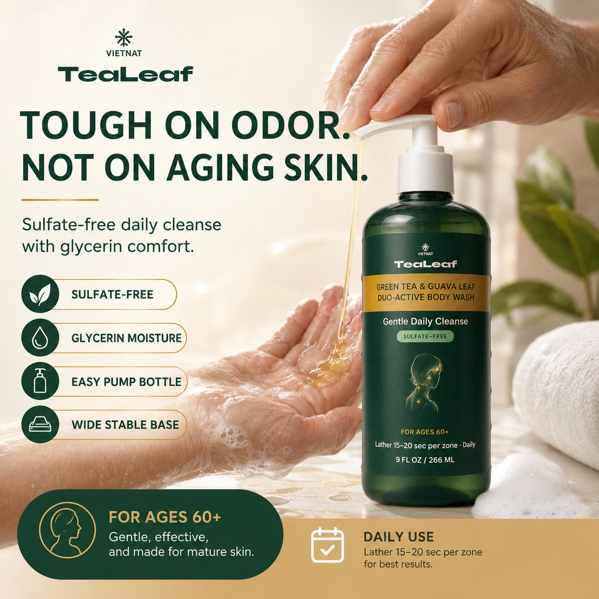 VIETNAT TeaLeaf Body Wash with GREEN TEA & GUAVA LEAF - DUO-ACTIVE | for Ages 60+,  9 FL OZ / 266 ML