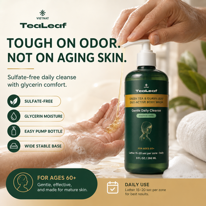 VIETNAT TeaLeaf Body Wash with GREEN TEA & GUAVA LEAF - DUO-ACTIVE | for Ages 60+,  9 FL OZ / 266 ML