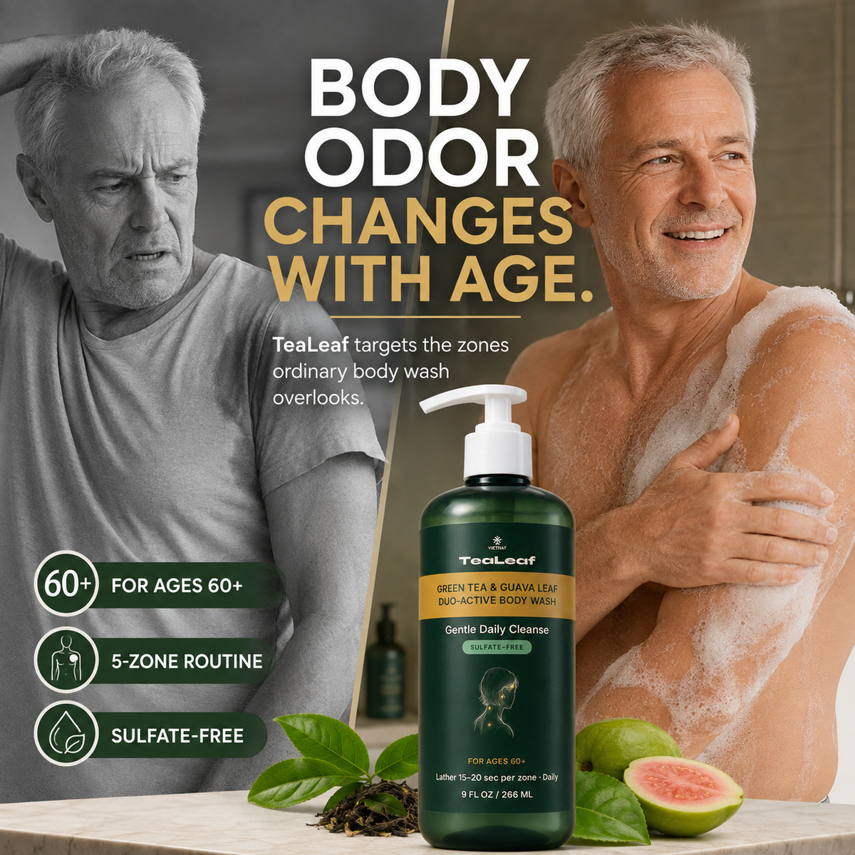 VIETNAT TeaLeaf Body Wash with GREEN TEA & GUAVA LEAF - DUO-ACTIVE | for Ages 60+,  9 FL OZ / 266 ML