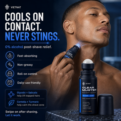 VIETNAT Clear Muster Post-Shave Solution for Men — Alcohol-Free Razor Bump & Ingrown Hair Roll-On | For Coarse & Curly Facial Hair, Dark Marks & Shaving Irritation | 4 Fl Oz