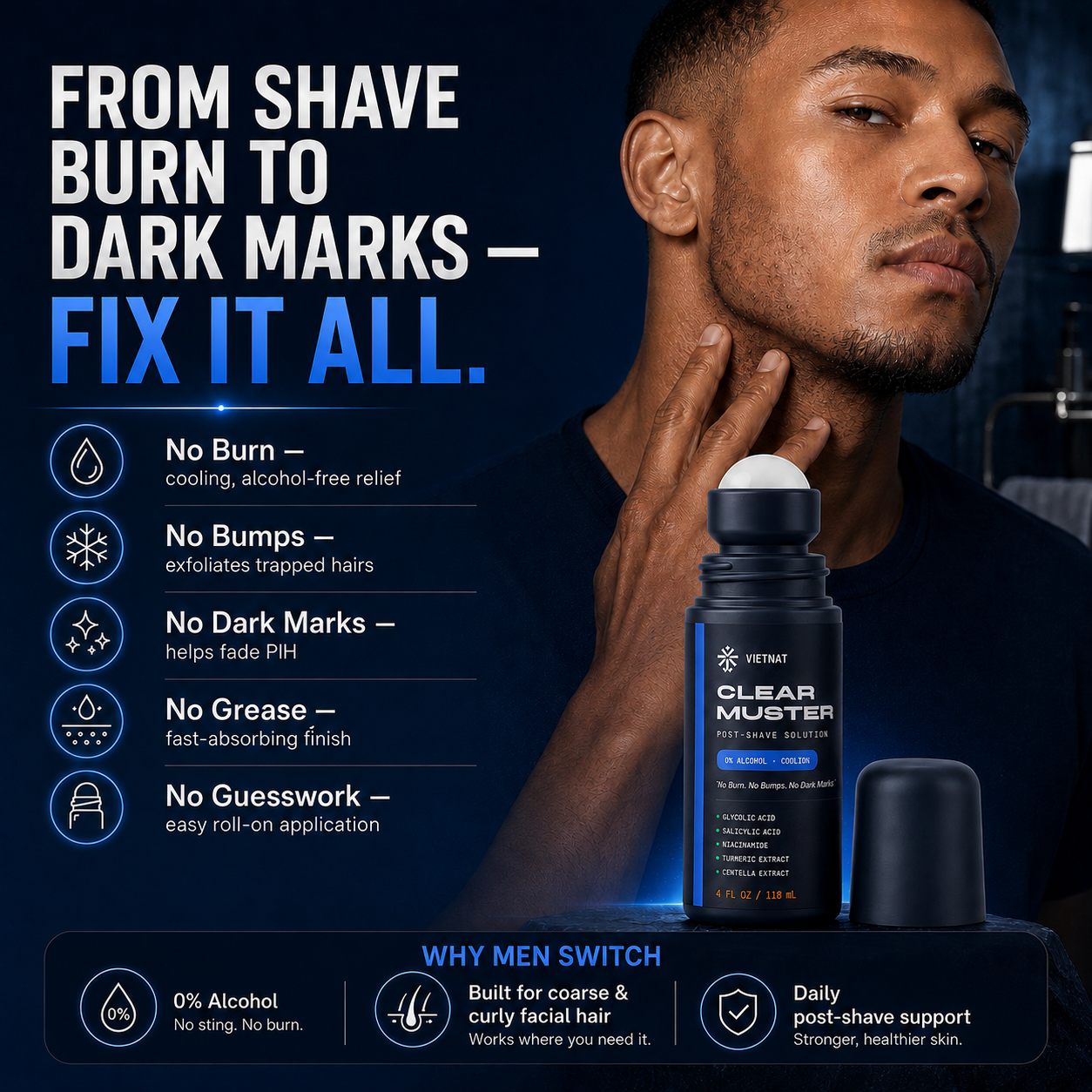 VIETNAT Clear Muster Post-Shave Solution for Men — Alcohol-Free Razor Bump & Ingrown Hair Roll-On | For Coarse & Curly Facial Hair, Dark Marks & Shaving Irritation | 4 Fl Oz