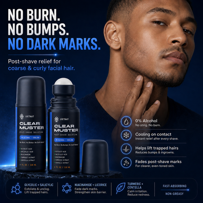 VIETNAT Clear Muster Post-Shave Solution for Men — Alcohol-Free Razor Bump & Ingrown Hair Roll-On | For Coarse & Curly Facial Hair, Dark Marks & Shaving Irritation | 4 Fl Oz