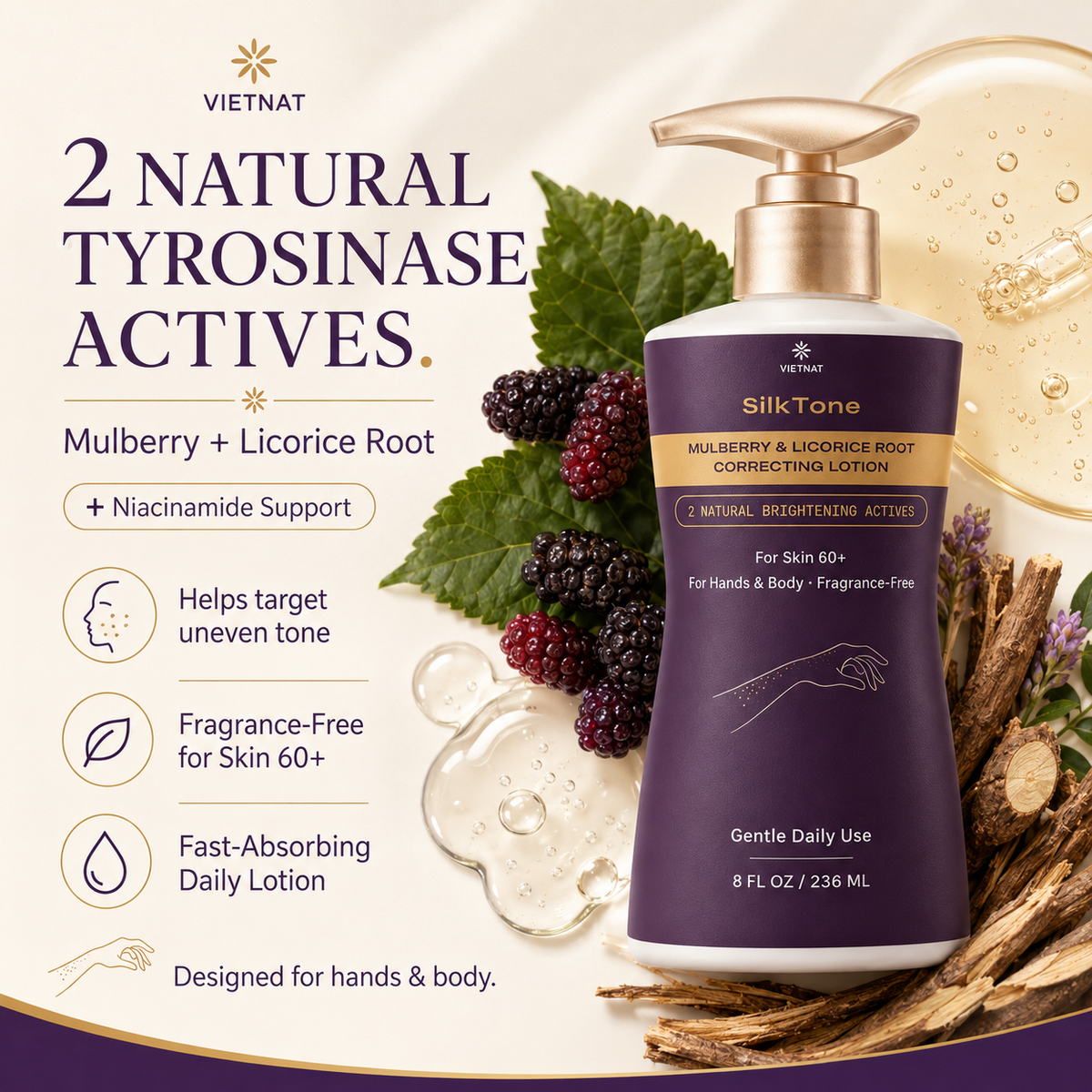VIETNAT SilkTone Mulberry & Licorice Root Correcting Lotion | For Skin 60+, 8FL OZ/236ML