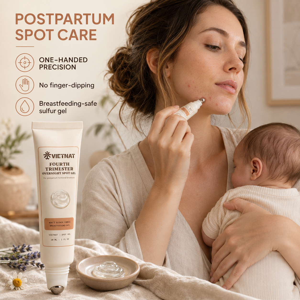 Vietnat Fourth Trimester Overnight Spot Gel - Sulfur Acne Treatment for Postpartum Hormonal Breakouts, Won't Bleach Fabric, Breastfeeding-Safe | 1 Fl Oz