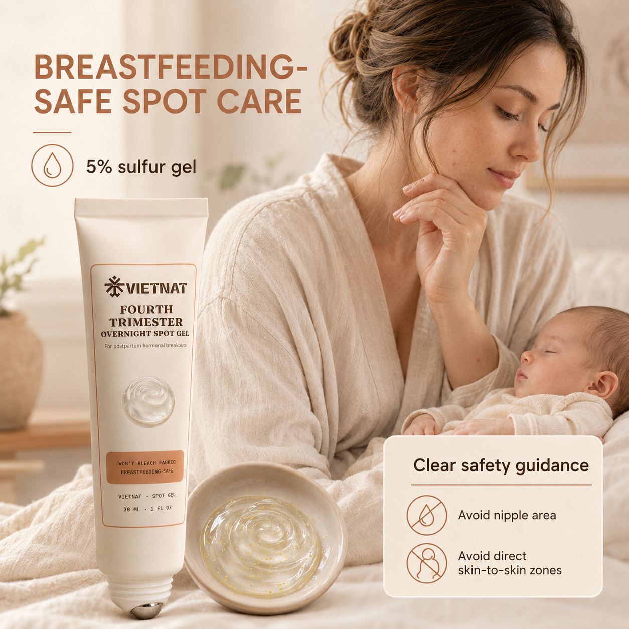 Vietnat Fourth Trimester Overnight Spot Gel - Sulfur Acne Treatment for Postpartum Hormonal Breakouts, Won't Bleach Fabric, Breastfeeding-Safe | 1 Fl Oz