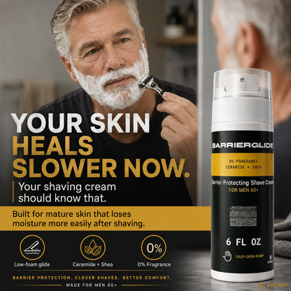 VIETNAT BarrierGlide Fragrance-Free Shaving Cream for Mature & Sensitive Skin for Men 60+| Ceramide + Shea Butter Barrier-Protecting Formula  | 6 Fl Oz