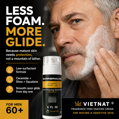 VIETNAT BarrierGlide Fragrance-Free Shaving Cream for Mature & Sensitive Skin for Men 60+| Ceramide + Shea Butter Barrier-Protecting Formula  | 6 Fl Oz
