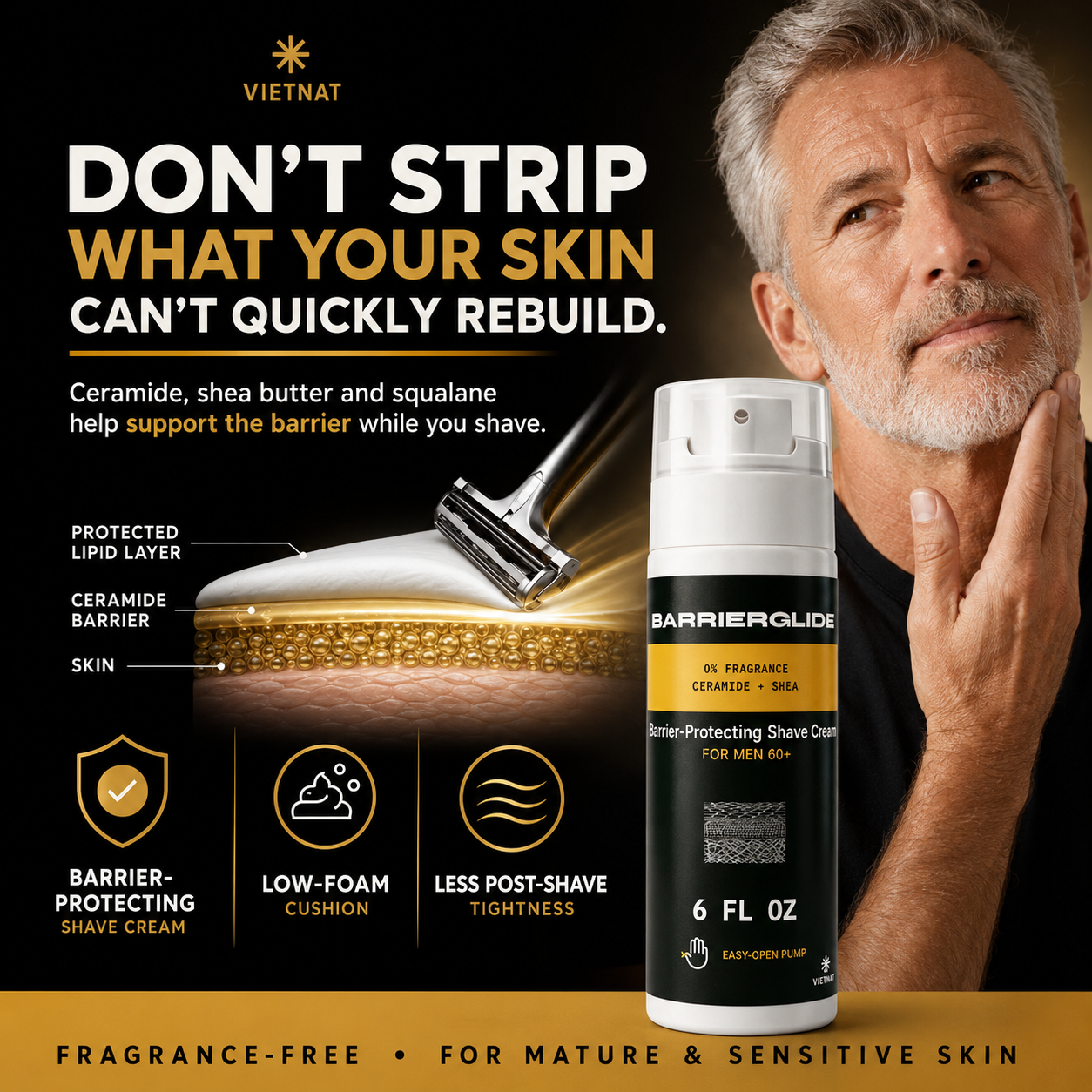 VIETNAT BarrierGlide Fragrance-Free Shaving Cream for Mature & Sensitive Skin for Men 60+| Ceramide + Shea Butter Barrier-Protecting Formula  | 6 Fl Oz