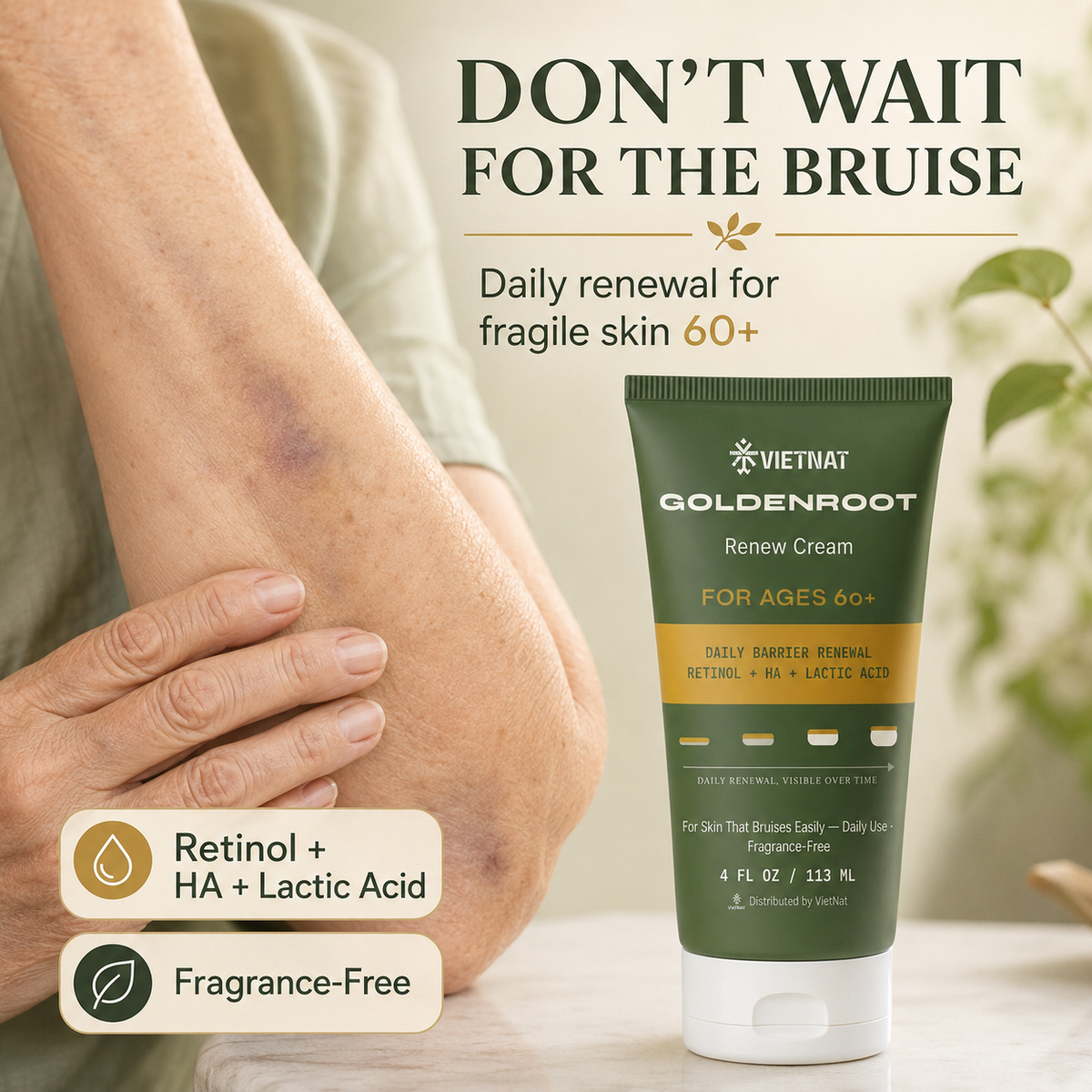 VIETNAT GoldenRoot Renew Cream For Ages 60+ | For Skin That Bruises Easily with Retinol + HA + Lactic Acid| 4 FL OZ / 113 ML