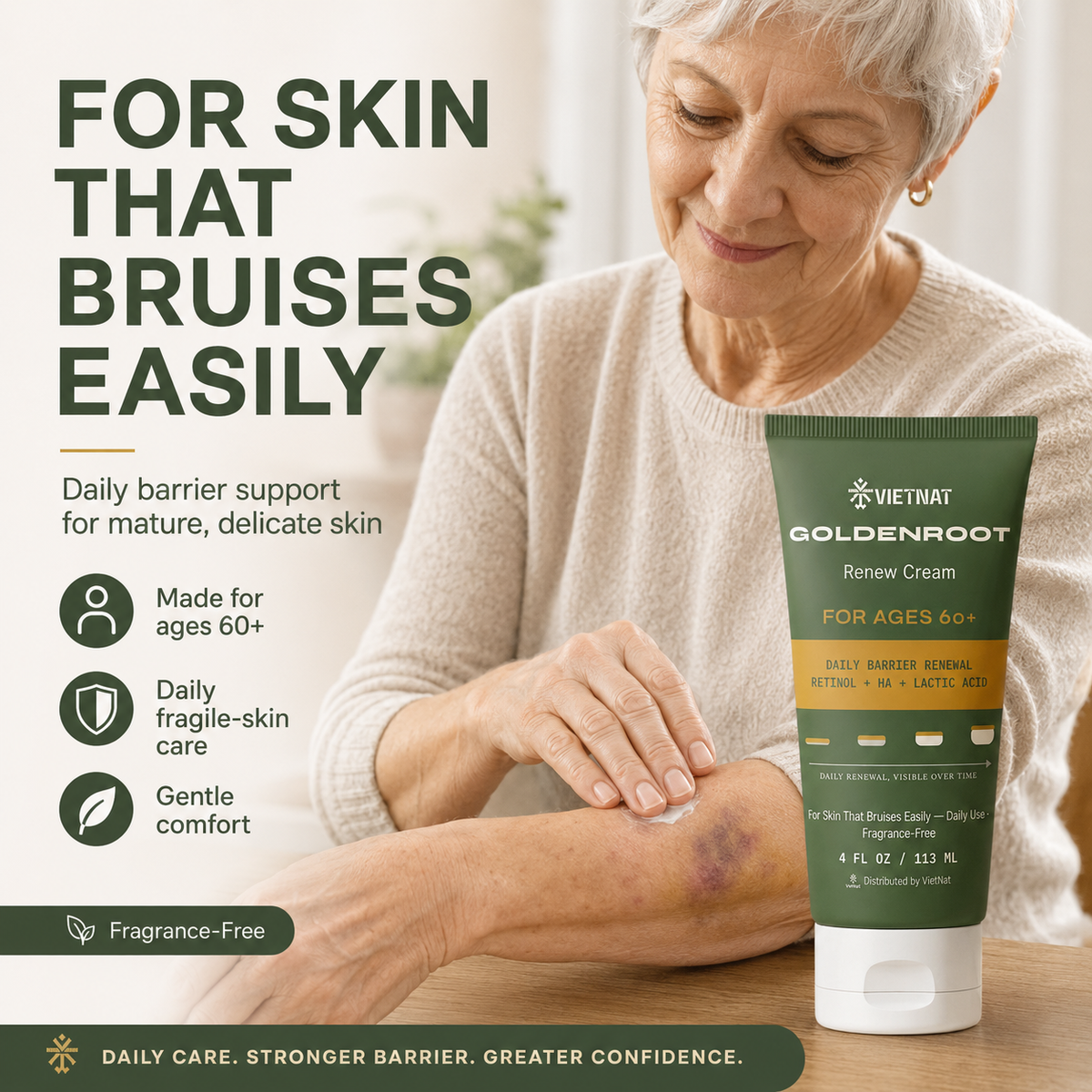 VIETNAT GoldenRoot Renew Cream For Ages 60+ | For Skin That Bruises Easily with Retinol + HA + Lactic Acid| 4 FL OZ / 113 ML