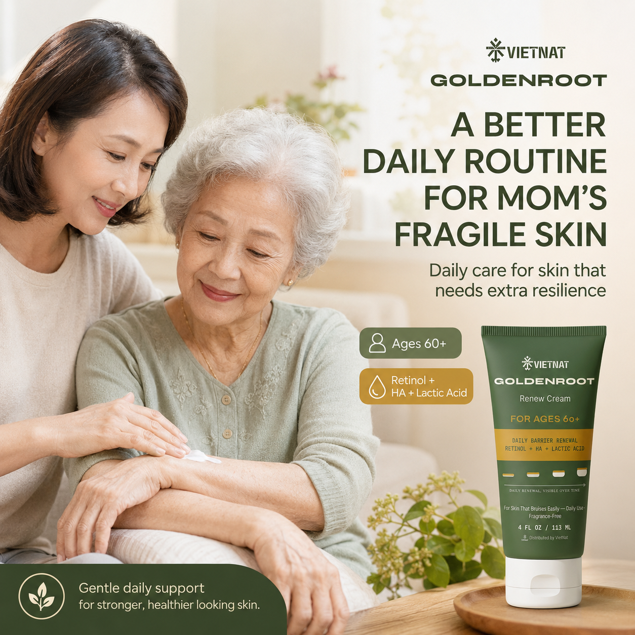 VIETNAT GoldenRoot Renew Cream For Ages 60+ | For Skin That Bruises Easily with Retinol + HA + Lactic Acid| 4 FL OZ / 113 ML