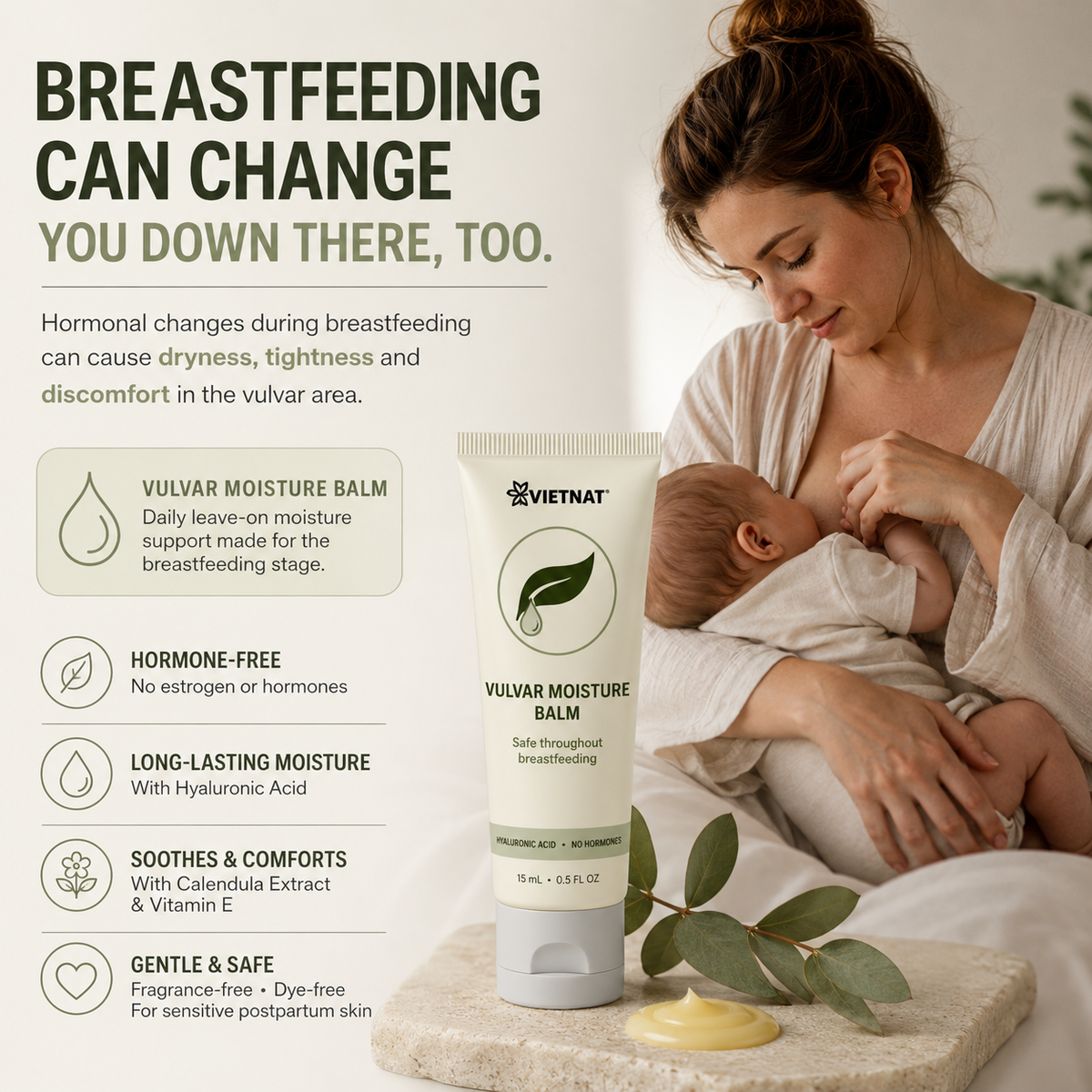 VIETNAT Vulvar Moisture Balm — Hyaluronic Acid, No Hormones, Safe Throughout Breastfeeding, for Postpartum Dryness & Discomfort | 1 Fl Oz