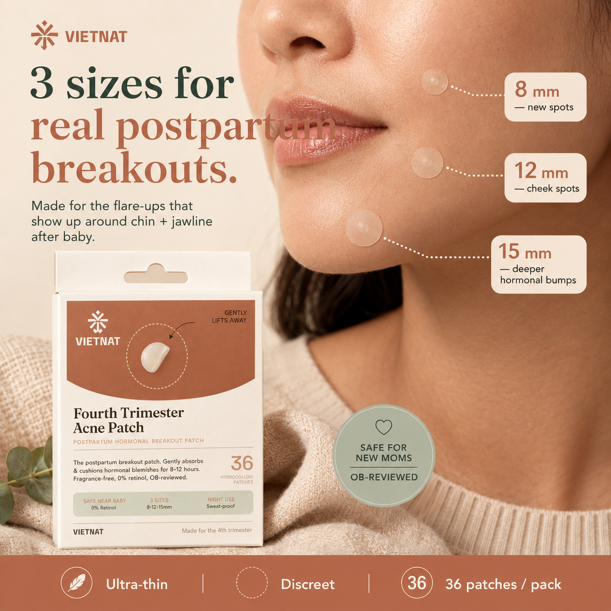 VIETNAT Fourth Trimester Patch — Hydrocolloid Acne Patches, 0% Retinol, 0% Medicated Actives, for Postpartum Hormonal Breakouts | 3 Sizes, 36 Count