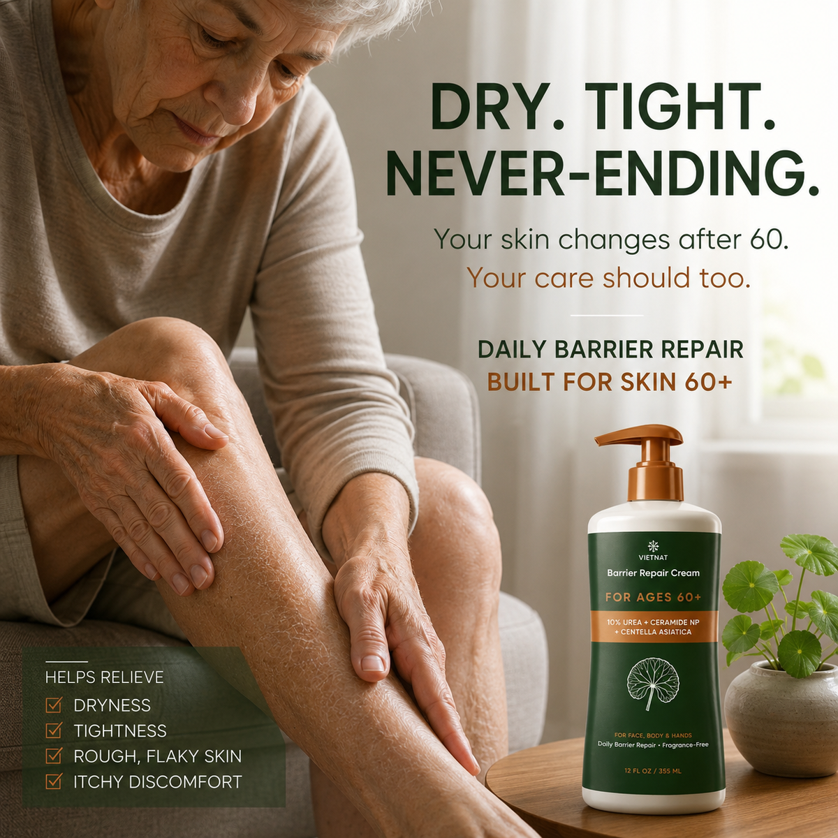 VIETNAT Barrier Repair Cream with 10% Urea + Ceramide + Centella Asiatica | For Age 60+, 12 FL OZ / 355 ML