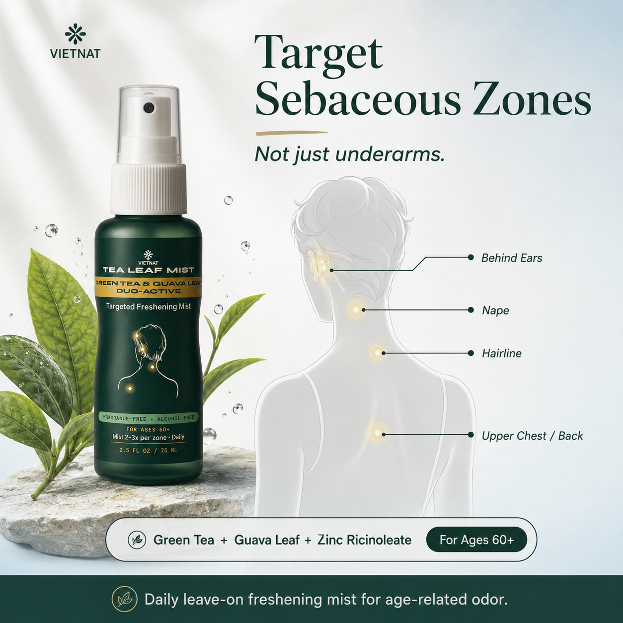 VIETNAT TeaLeaf Mist — Targeted Freshening Mist for Ages 60+| Vietnamese Green Tea & Guava Leaf - Fragrance-Free, 2.5 FL OZ / 75 ML