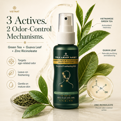 VIETNAT TeaLeaf Mist — Targeted Freshening Mist for Ages 60+| Vietnamese Green Tea & Guava Leaf - Fragrance-Free, 2.5 FL OZ / 75 ML