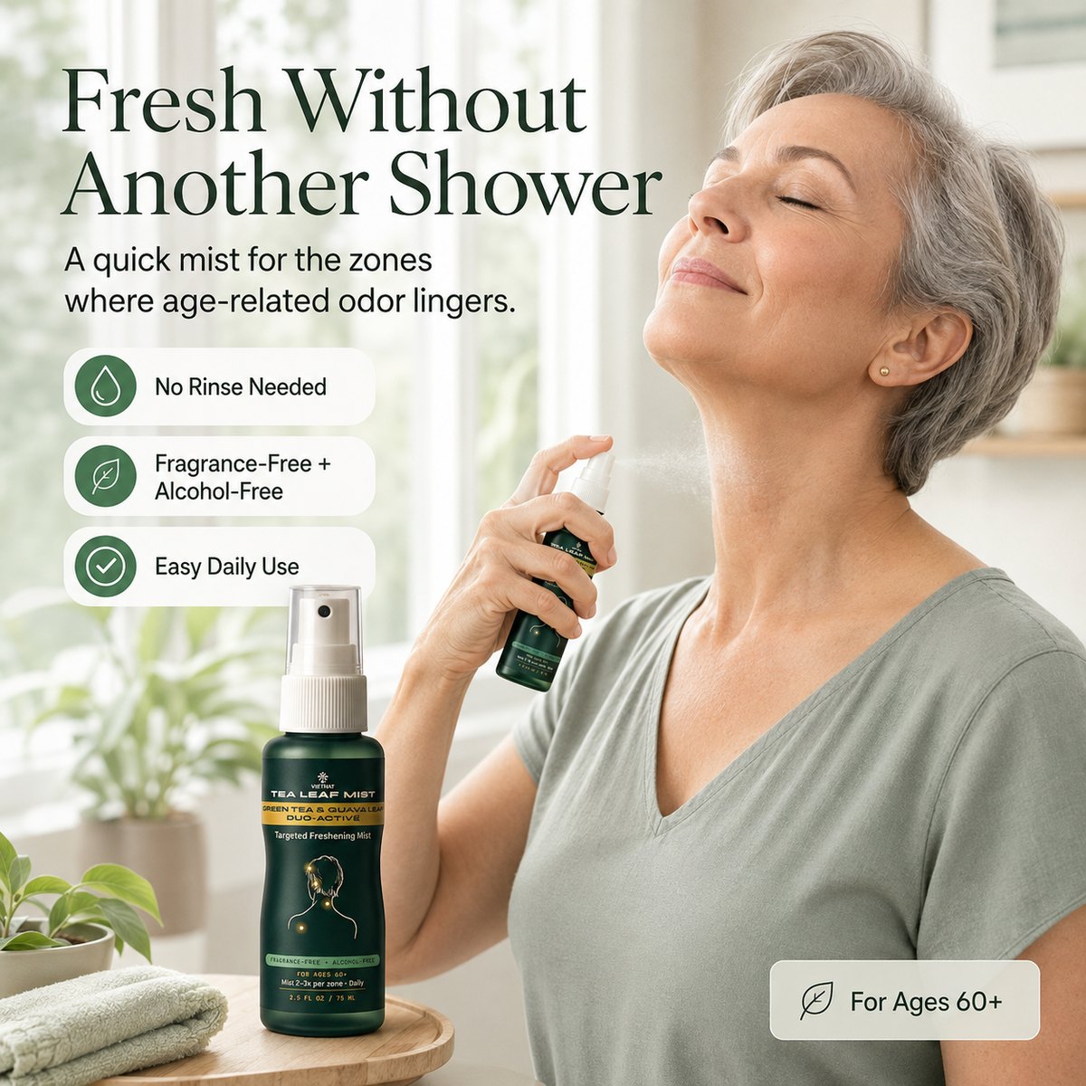 VIETNAT TeaLeaf Mist — Targeted Freshening Mist for Ages 60+| Vietnamese Green Tea & Guava Leaf - Fragrance-Free, 2.5 FL OZ / 75 ML