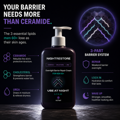 VIETNAT NightRestore Overnight Barrier Repair Cream for Men 60+ | Ceramide + Cholesterol + Urea, Fragrance-Free Night Moisturizer for Mature, Dry Skin, 1.7 Fl Oz