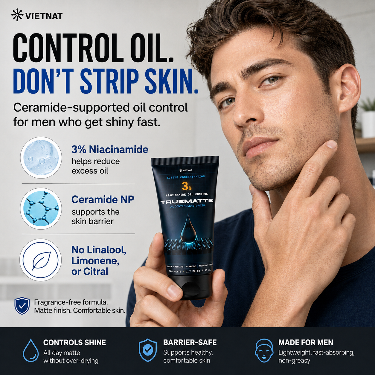 VIETNAT True Matte Oil Control Moisturizer for Men | Mattifying Lotion for Oily Skin with 3% Niacinamide • Silica + Perlite • Ceramide NP • Fragrance-Free -  1.7 FL OZ