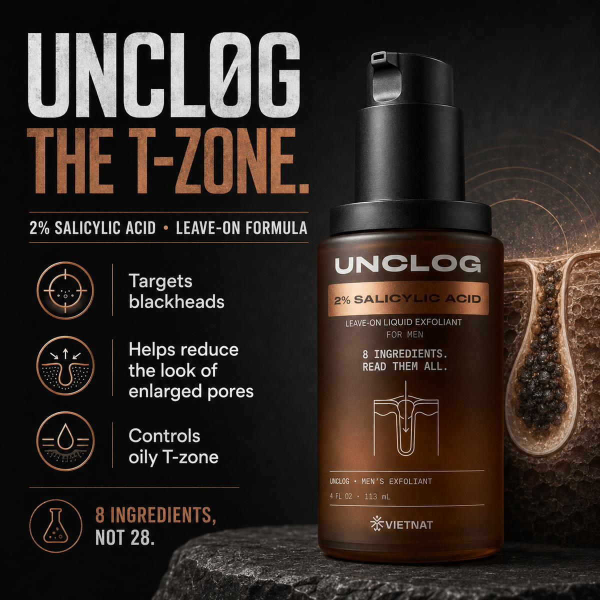 VIETNAT UNCLOG Men's 2% Salicylic Acid Liquid Exfoliant | Daily Pore Treatment for Men, Oil Control & Acne-Prone Skin, 4 Fl Oz