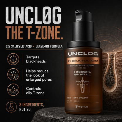 VIETNAT UNCLOG Men's 2% Salicylic Acid Liquid Exfoliant | Daily Pore Treatment for Men, Oil Control & Acne-Prone Skin, 4 Fl Oz