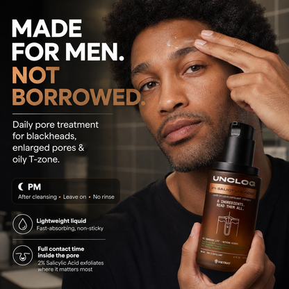 VIETNAT UNCLOG Men's 2% Salicylic Acid Liquid Exfoliant | Daily Pore Treatment for Men, Oil Control & Acne-Prone Skin, 4 Fl Oz