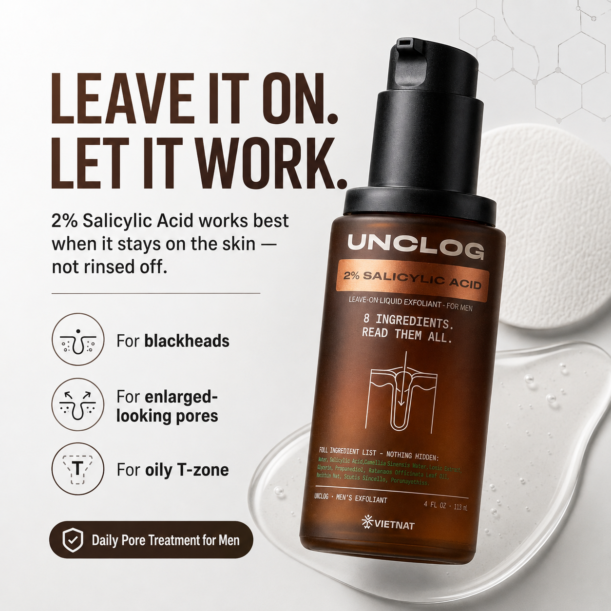 VIETNAT UNCLOG Men's 2% Salicylic Acid Liquid Exfoliant | Daily Pore Treatment for Men, Oil Control & Acne-Prone Skin, 4 Fl Oz