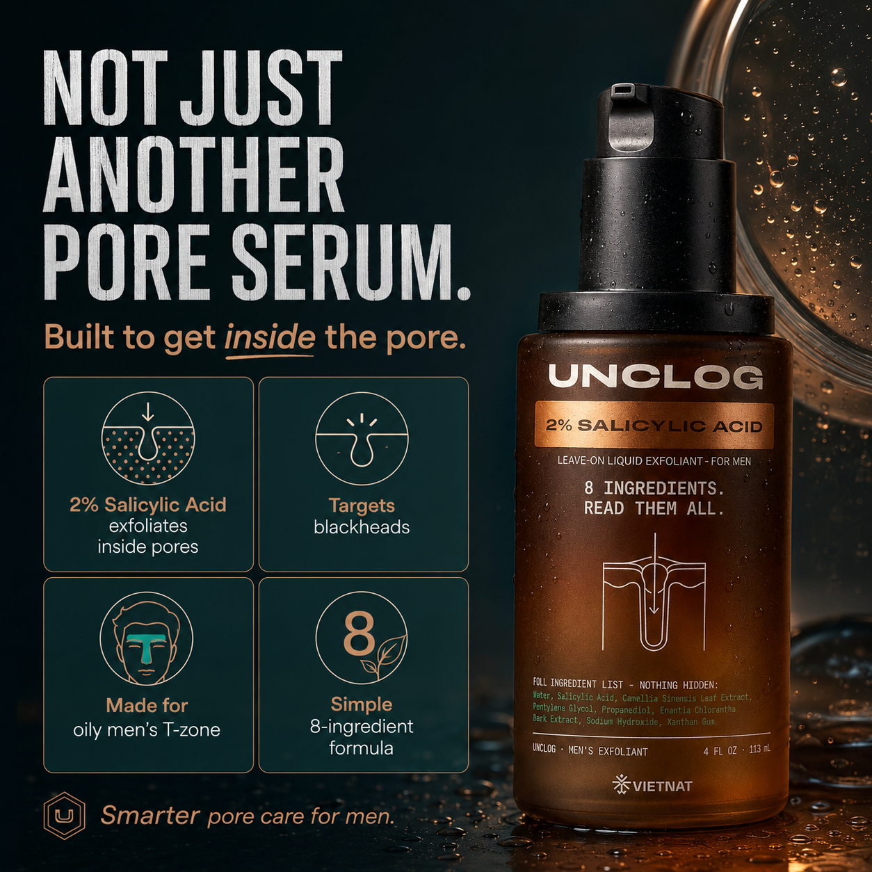 VIETNAT UNCLOG Men's 2% Salicylic Acid Liquid Exfoliant | Daily Pore Treatment for Men, Oil Control & Acne-Prone Skin, 4 Fl Oz