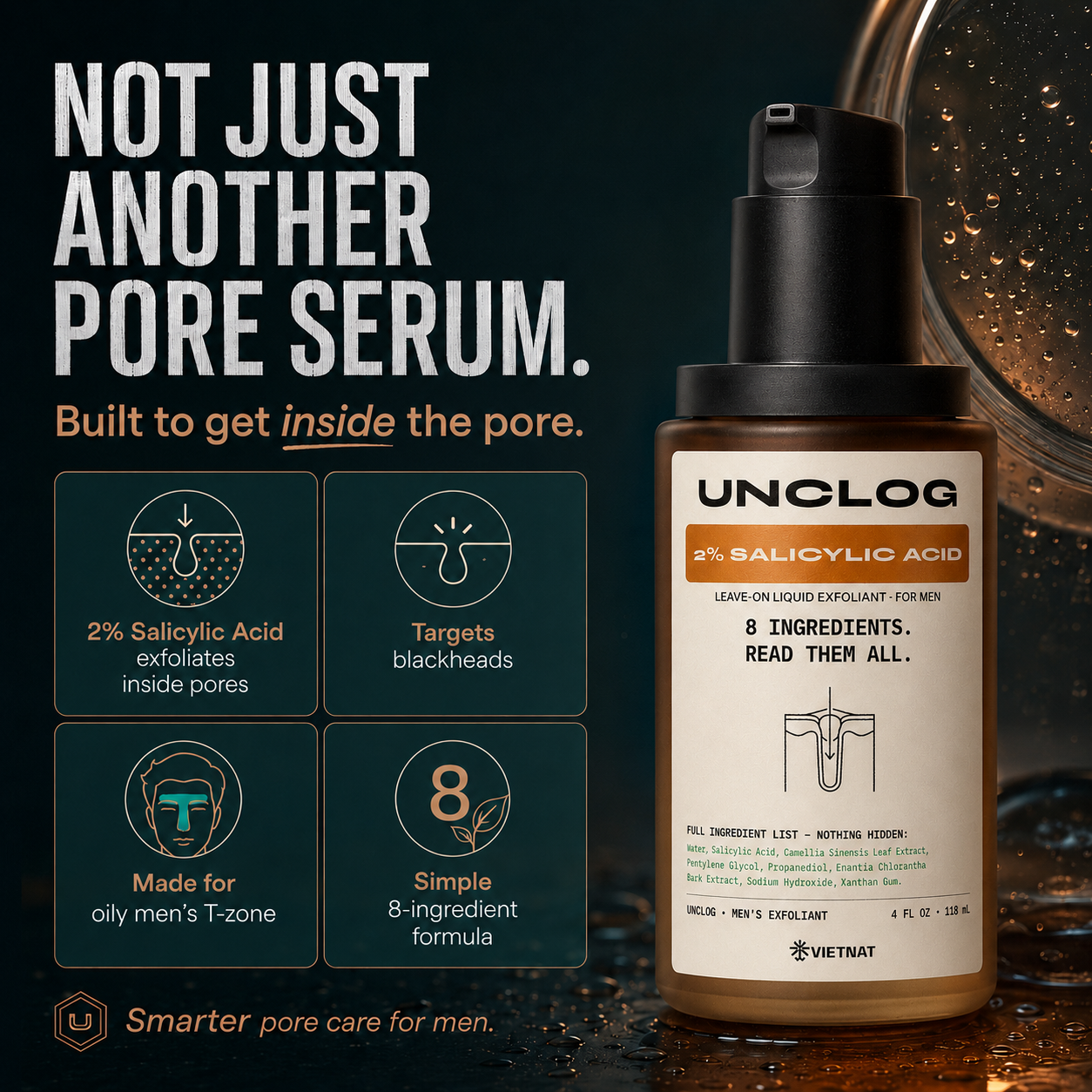 VIETNAT UNCLOG Men's 2% Salicylic Acid Liquid Exfoliant | Daily Pore Treatment for Men, Oil Control & Acne-Prone Skin, 4 Fl Oz