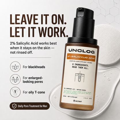 VIETNAT UNCLOG Men's 2% Salicylic Acid Liquid Exfoliant | Daily Pore Treatment for Men, Oil Control & Acne-Prone Skin, 4 Fl Oz