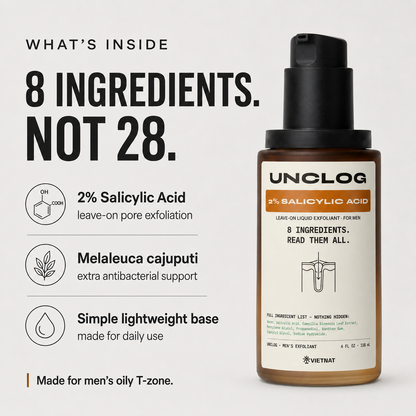 VIETNAT UNCLOG Men's 2% Salicylic Acid Liquid Exfoliant | Daily Pore Treatment for Men, Oil Control & Acne-Prone Skin, 4 Fl Oz