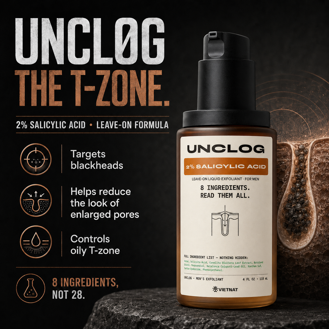 VIETNAT UNCLOG Men's 2% Salicylic Acid Liquid Exfoliant | Daily Pore Treatment for Men, Oil Control & Acne-Prone Skin, 4 Fl Oz