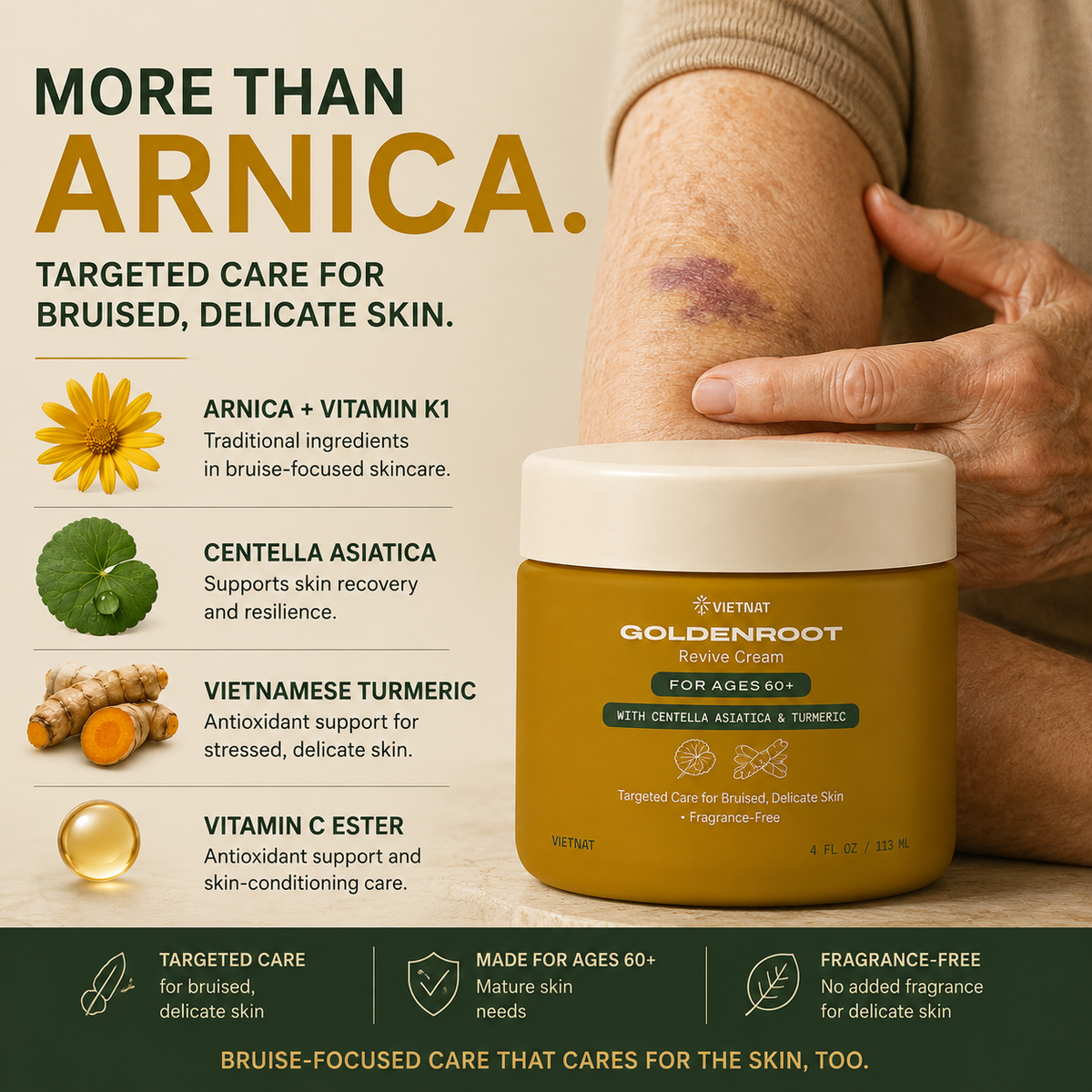 VIETNAT GOLDENROOT Revive Cream for Ages 60+| For bruised, delicate-looking mature skin with Arnica Montana + Vitamin K1 + Centella Asiatica and Vietnamese Turmeric| 4 FL OZ / 113 ML|