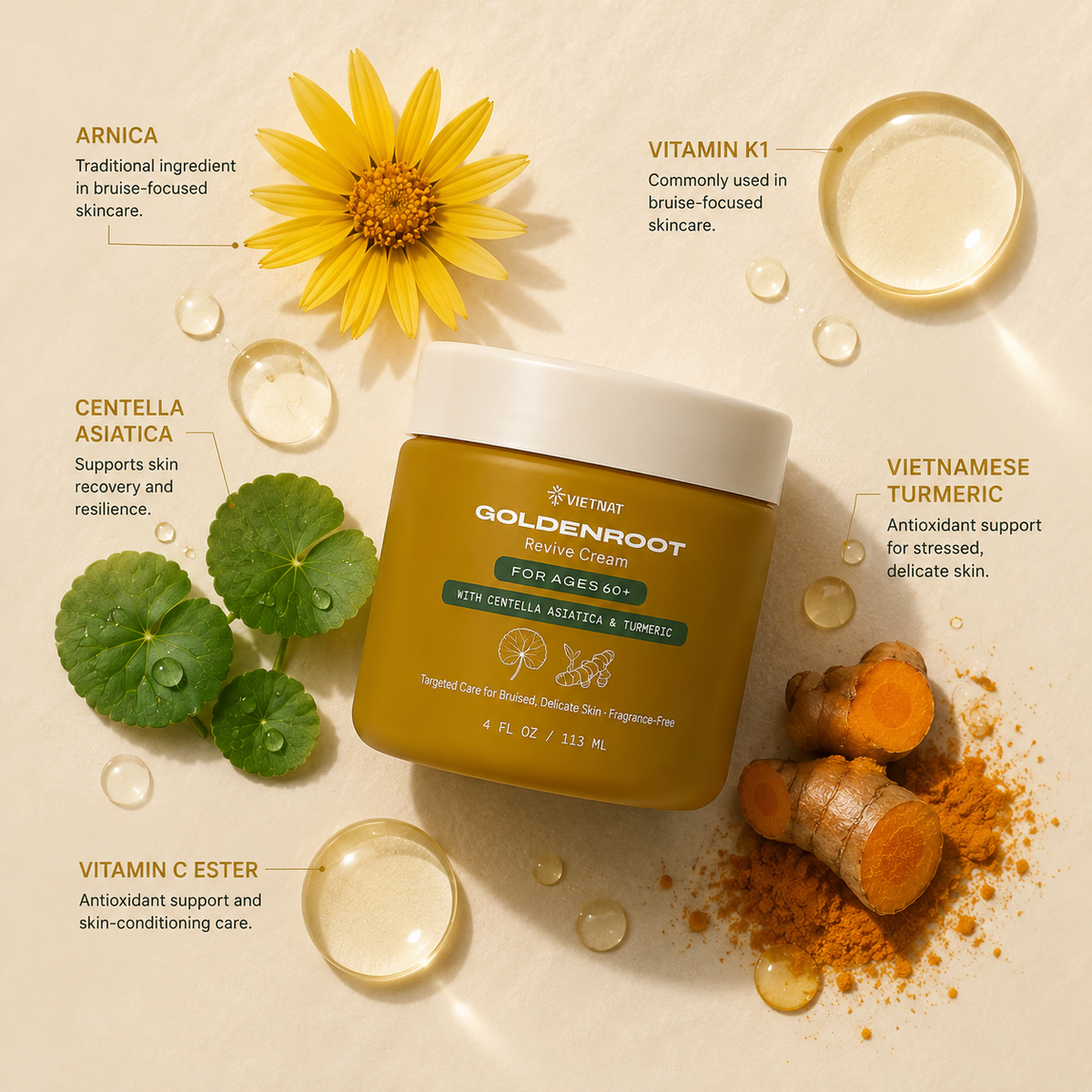 VIETNAT GOLDENROOT Revive Cream for Ages 60+| For bruised, delicate-looking mature skin with Arnica Montana + Vitamin K1 + Centella Asiatica and Vietnamese Turmeric| 4 FL OZ / 113 ML|