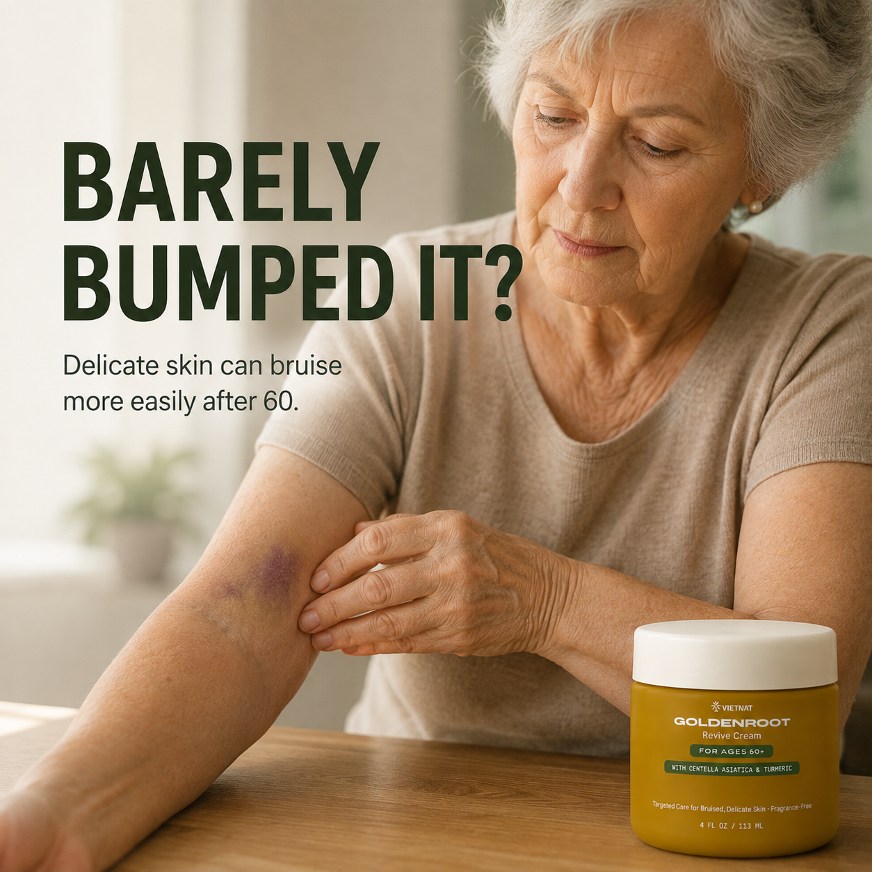 VIETNAT GOLDENROOT Revive Cream for Ages 60+| For bruised, delicate-looking mature skin with Arnica Montana + Vitamin K1 + Centella Asiatica and Vietnamese Turmeric| 4 FL OZ / 113 ML|