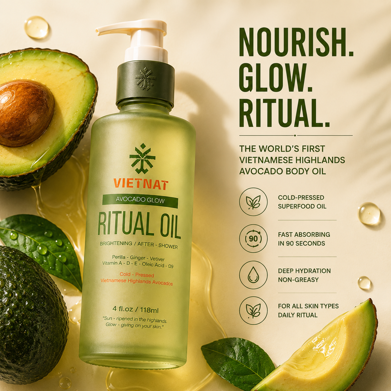 VIETNAT Vietnamese Avocado Glow Body Oil – Brightening After Shower Oil for Women – Pink Pomelo & Ginger Scent – Non-Greasy Moisturizing Ritual Oil