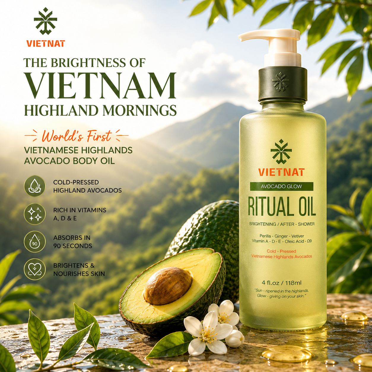 VIETNAT Vietnamese Avocado Glow Body Oil – Brightening After Shower Oil for Women – Pink Pomelo & Ginger Scent – Non-Greasy Moisturizing Ritual Oil