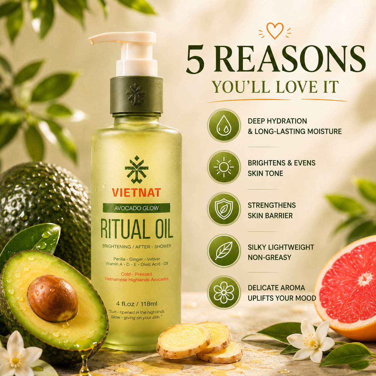 VIETNAT Vietnamese Avocado Glow Body Oil – Brightening After Shower Oil for Women – Pink Pomelo & Ginger Scent – Non-Greasy Moisturizing Ritual Oil