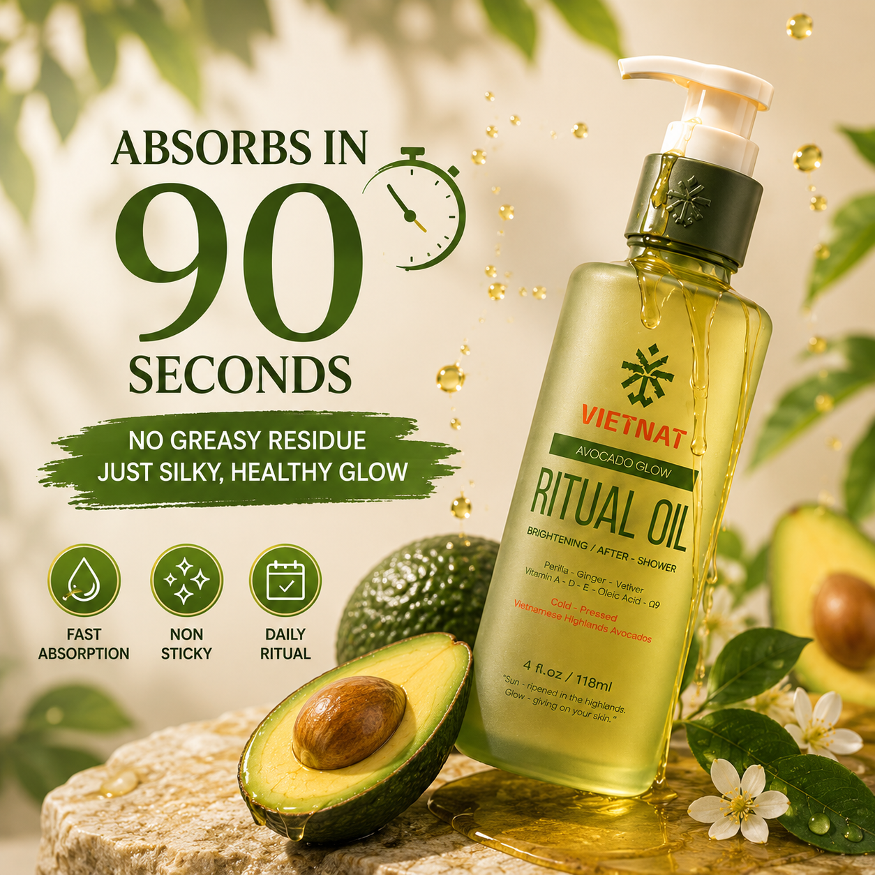 VIETNAT Vietnamese Avocado Glow Body Oil – Brightening After Shower Oil for Women – Pink Pomelo & Ginger Scent – Non-Greasy Moisturizing Ritual Oil