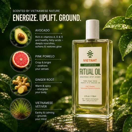 VIETNAT Vietnamese Avocado Glow Body Oil – Brightening After Shower Oil for Women – Pink Pomelo & Ginger Scent – Non-Greasy Moisturizing Ritual Oil