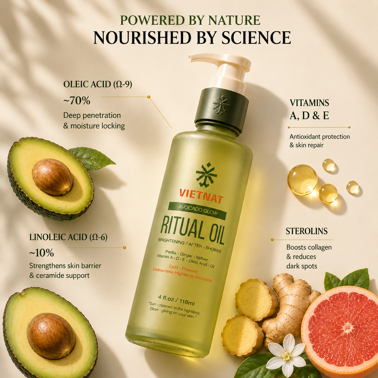 VIETNAT Vietnamese Avocado Glow Body Oil – Brightening After Shower Oil for Women – Pink Pomelo & Ginger Scent – Non-Greasy Moisturizing Ritual Oil