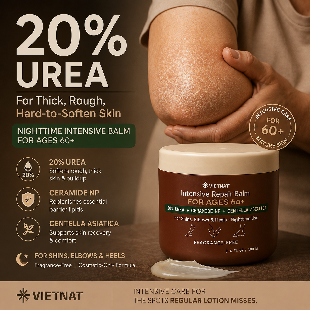 VIETNAT Intensive Repair Balm with 20% Urea +Ceramide + Centella Asiatica | For Skin 60+ Shins, Elbows & Heels | 3,4 FL OZ / 100 ML