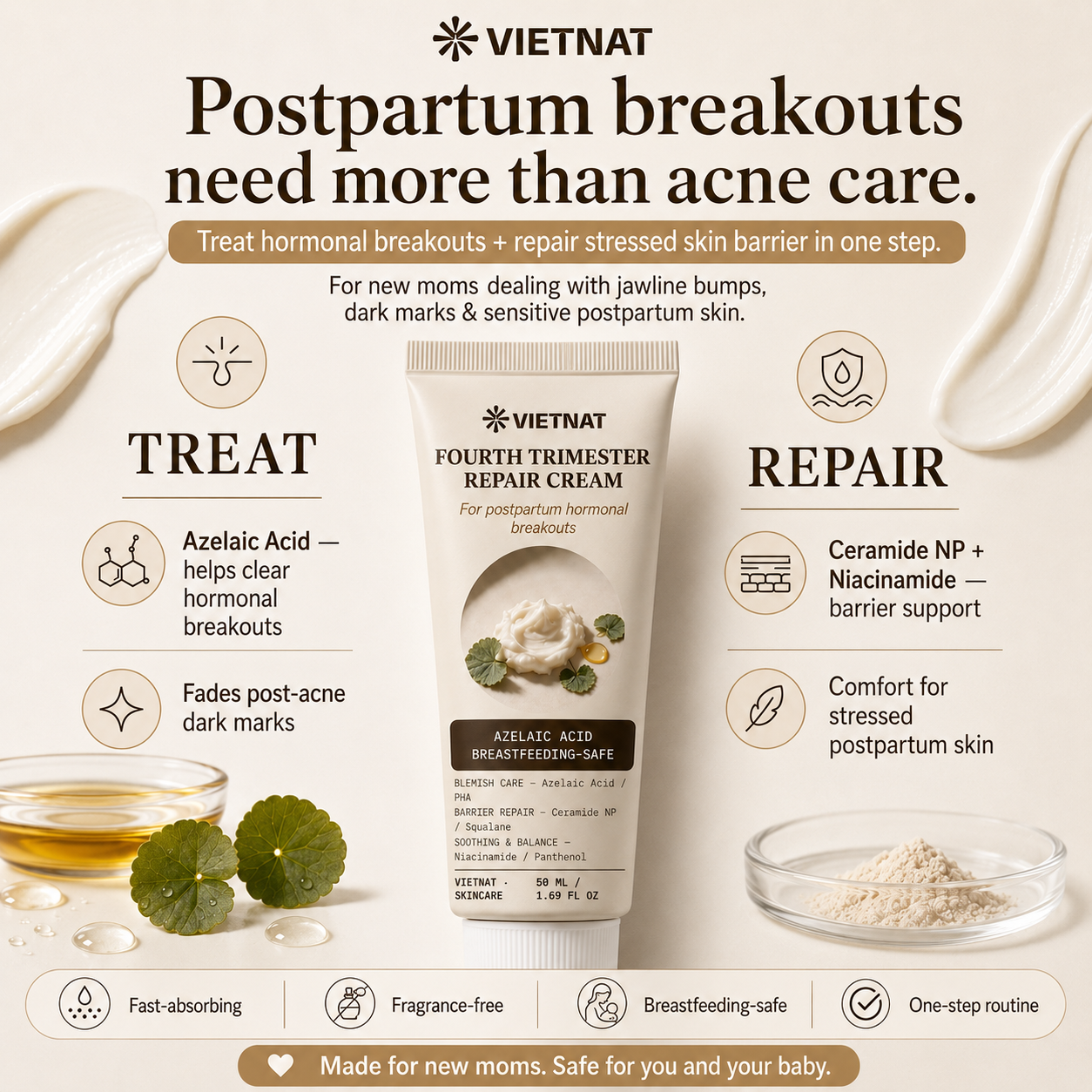 VIETNAT Fourth Trimester Repair Cream — Azelaic Acid & Ceramide Barrier Repair Moisturizer for Postpartum Hormonal Breakouts & Dark Marks | 1.7 Fl Oz