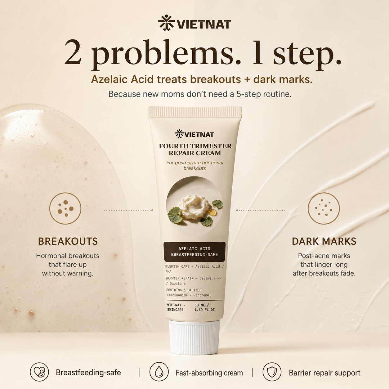 VIETNAT Fourth Trimester Repair Cream — Azelaic Acid & Ceramide Barrier Repair Moisturizer for Postpartum Hormonal Breakouts & Dark Marks | 1.7 Fl Oz