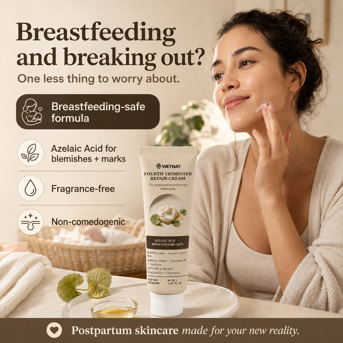 VIETNAT Fourth Trimester Repair Cream — Azelaic Acid & Ceramide Barrier Repair Moisturizer for Postpartum Hormonal Breakouts & Dark Marks | 1.7 Fl Oz