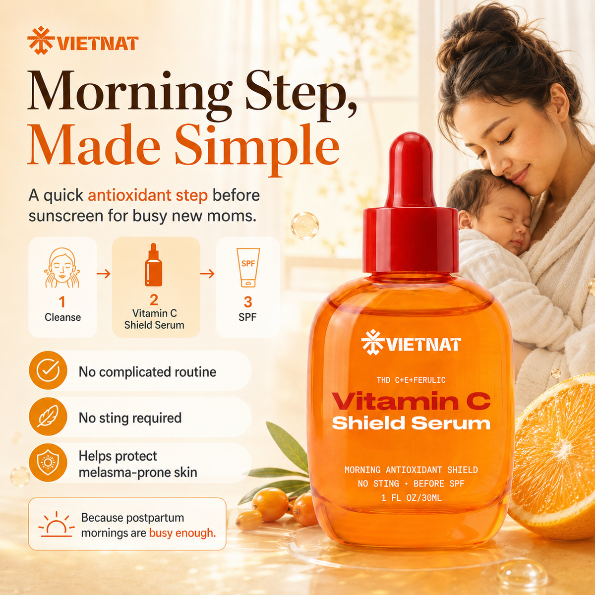 VIETNAT Vitamin C Shield Serum for New Moms — The Morning Step Melasma-Prone Skin Shouldn't Skip | 1 Fl Oz