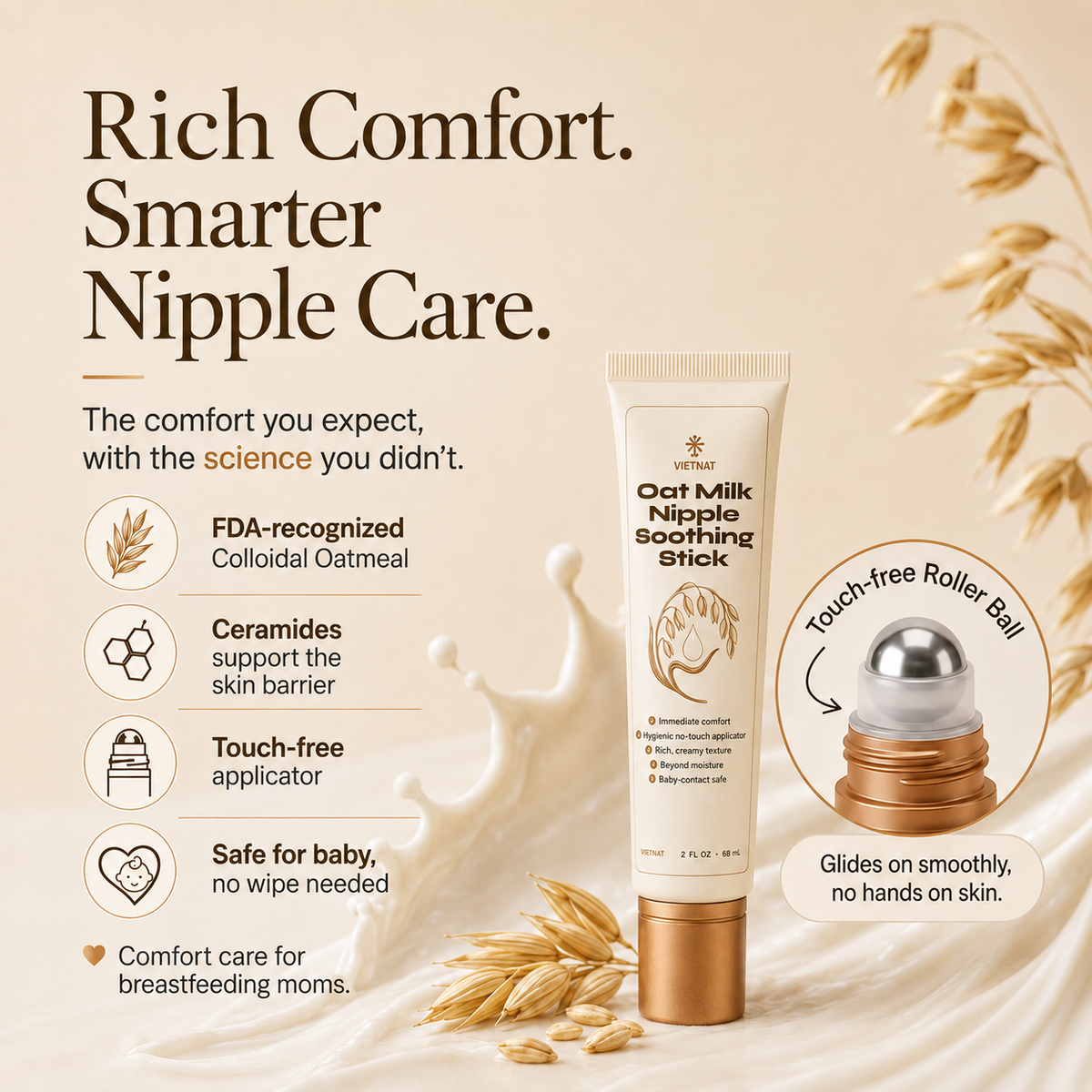 VIETNAT Oat Milk Nipple Soothing Stick with  Colloidal Oatmeal & Ceramides, No Wipe Needed, Safe for Baby | 2 Fl Oz